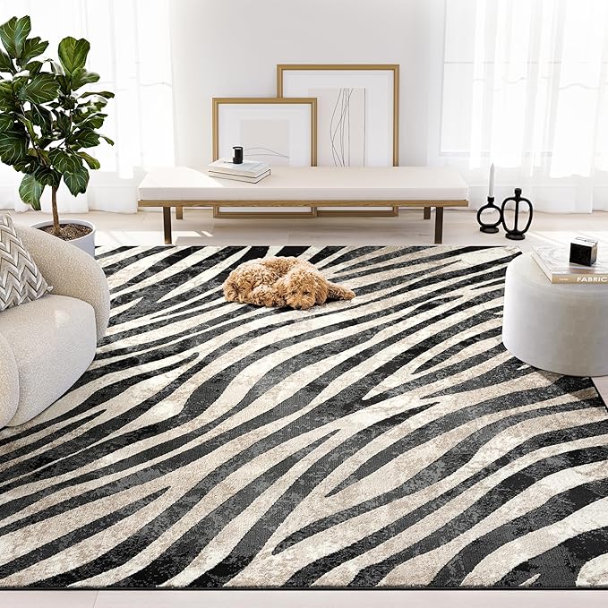 Abani Terra Area Rug for Living Room, Bedroom - Zebra Pattern - Black Cream - 4' x 6' - Durable & Easy to Clean