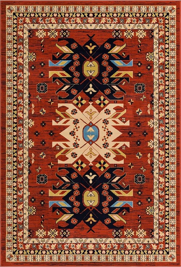 Unique Loom Taftan Collection Border Geometric Tribal Inspired Design Area Rug (6' 0 x 9' 0 Rectangular, Terracotta/ Ivory)