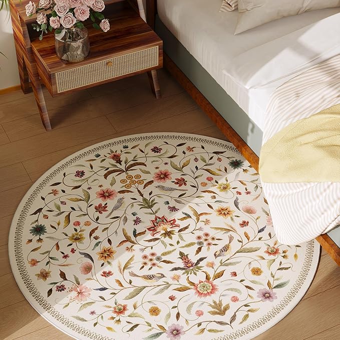 Vintage Medallion Floral Round Rug 4ft, Washable Circle Area Rug, Non-Slip Soft Low Pile Circular Carpet for Bedroom, Living Room, Dining Room, Entryway, Office, Kids, Bathroom | Beige