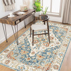 Enkor Area Soft Rugs 5x7 Washable Non Slip Boho Floor Rugs for Living Room Bedroom, Vintage Style Farmhouse Mat for Kitchen Entryway Orange & Blue