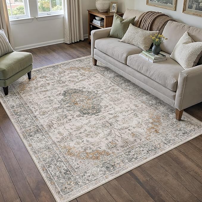 HUGEAR Retro Taupe Green Area Rug 5x7 Machine Washable Living Room Rugs Distressed Vintage Floral Low Pile Carpet Bedroom Office Dining Room Laundry Room Non Slip Soft Lightweight