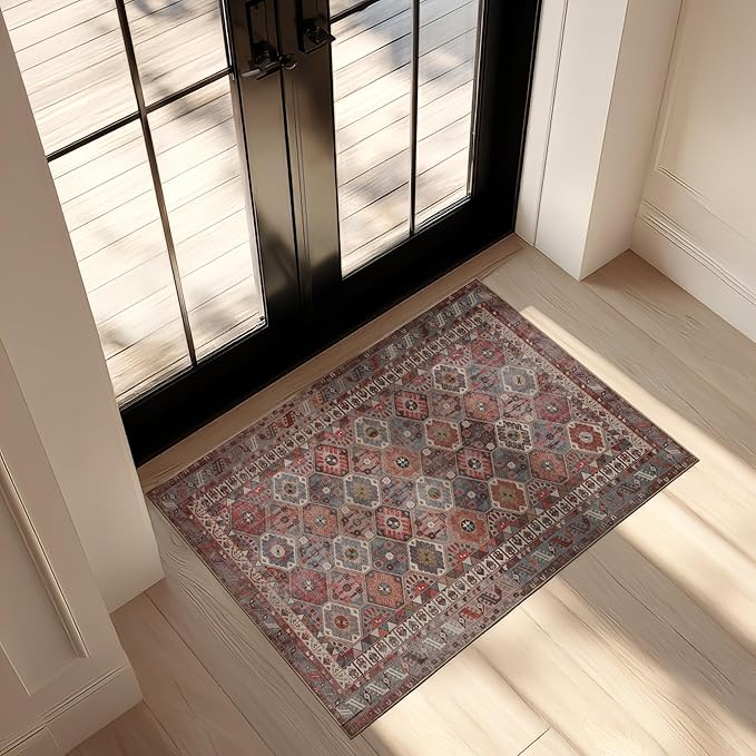 Kuden 3x5 Small Rug, Machine Washable, Non-Slip Backing, Vintage Style, Soft, Low Pile, Area Rugs for Entryway Kitchen Indoor Entrance
