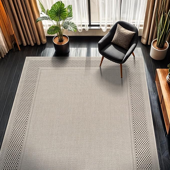 CAMILSON Easy Jute Rug 8x10, Indoor Outdoor Off-White Color Fiber Area Rugs for Entry, Living Room and Bedroom Rug, Bordered Boho Woven Design, Easy-Cleaning, Washable Outside Carpet (8 x 10)