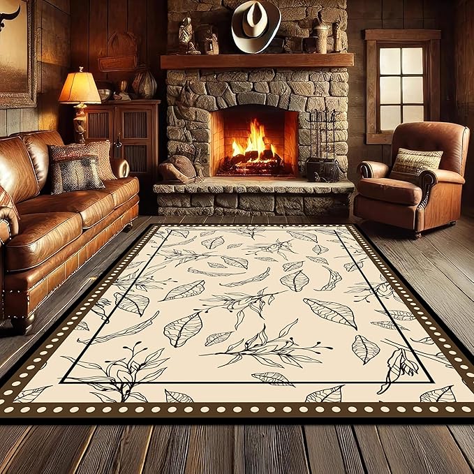 Medieval French Style Area Rugs 2x3ft, Off-White Botanical Leaf Pattern Rug, Low Pile Carpet, Washable & Non-Slip for Living Room, Bedroom, Dining Room, Dorm
