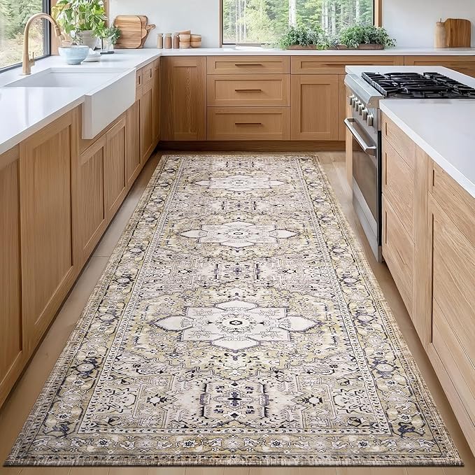 PURRUGS Vintage Farmhouse Boho Runner Rug 2'6" x 8', Non-Slip Machine Washable Rug, Accent Area Rug for Kitchen, Hallway, Entryway, Bedroom, Living Room and Dining Room, Taupe/Vanilla