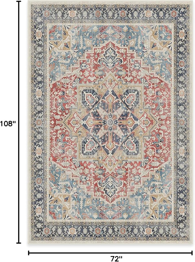 RUGGABLE Washable Vintage Area Rug – Kamran Cayenne Red 6x9, Stain-Resistant, Non-Slip – Medium Machine Washable Rugs for Living Room, Bedroom, Hallway, Entryway & Office–with Standard Pad