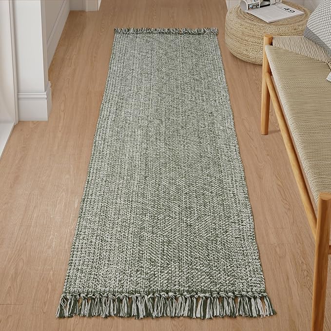 Collive Boho Runners for Hallways 2x7 ft, Washable Kitchen Runner Rug Low-Profile Neutral Indoor Entryway Rug, Olive Green/Cream Braided Cotton Floor Carpet for Laundry Room Bedroom Doorway