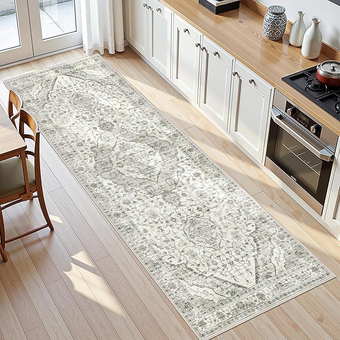 3x7 Runner Rugs for Hallway Non-Slip Hallway Runner Rug with Rubber Backing Washable Rug Runner for Kitchen Bedroom Vintage Distressed Carpet (Border Cream)