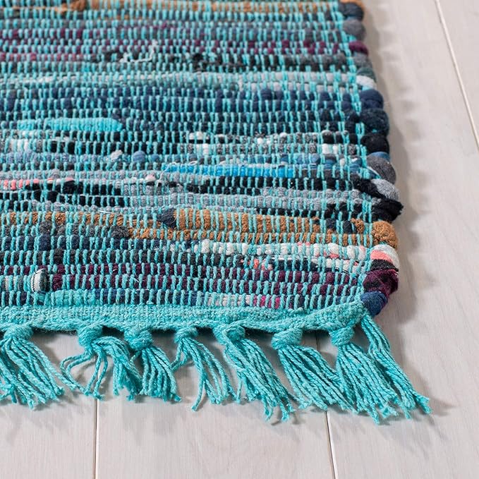 SAFAVIEH Rag Rug Collection Area Rug - 6' x 9', Blue & Multi, Handmade Boho Stripe Cotton, Ideal for High Traffic Areas in Living Room, Bedroom (RAR121B)