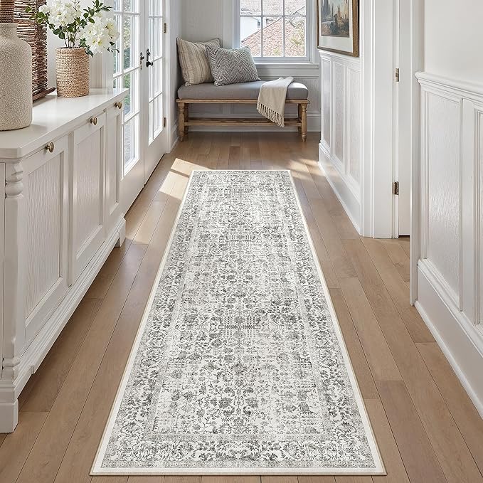Black Runner Rug 2'6"x10' Washable Carpet for Hallway Kitchen Vintage Distressed Non Slip Indoor Retro Floral Bedroom Accent Throw Long Rug Bathroom Office Laundry Dining Living Room