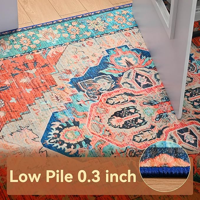 YJ.GWL Area Rugs for Living Room 8x10 Machine Washable Rugs, Non Slip Floral Vintage Rug Indoor Carpet, Stain Resistant Large Rug for Bedroom Dining Room, Red Blue Gradient Color