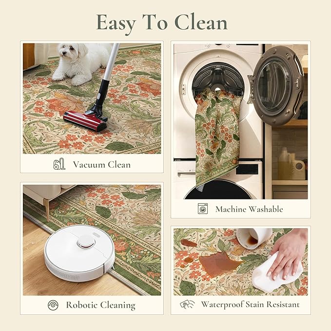 Bavni 2'6''x10 Runner Rug,Microfiber Washable Non-Slip Vintage Floral Rugs,Low Pile Lightweight Carpet for Bedroom,Hallway,Entryway,Kitchen,Bathroom, Sage Green & Burnt Orange