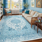 5x7 Area Rug for Bedroom, Machine Washable Rugs with Non-Slip Backing for Living Room, Soft Vintage Carpet Kitchen Laundry Kids Room Decor, Celestial Blue