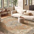 Kokia 4x6 Washable Area Rugs Terracotta with Vintage Orient Design, Soft Rug for Living Room or Bedroom, Non-Slip Low Pile Stain Resistance Features, Distressed Medallion Pattern