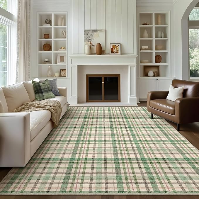 Bavni 3x5 Washable Rug Modern Plaid Area Rugs Non-Slip, Small Rugs for Hallway Throw Rugs Soft Low Pile Stain Resistant Bedroom, Living Room, Kitchen, Home Decor, Green Plaid