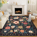 DUKINO 8x10 Area Rug, Floral Rugs for Living Room, Lightweight Non Slip Washable Rug, Indoor Low Pile & Non-Shedding Boho Design Rugs for Bedroom, Living Room, Dining Room, Black