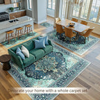 Area Rugs 10'x14' Washable Non-Slip, Floral Vintage Distress Print Pattern Medallion Carpet for Living Room Bedroom Dining Room, Teal Green Lake Blue Turquoise