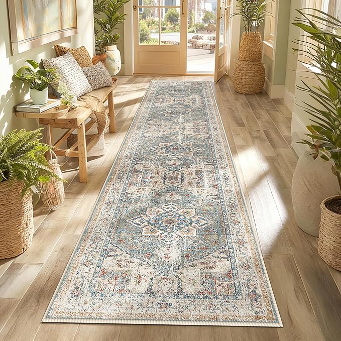 Enkor Runner Rugs for Hallway, 2x10 Washable Soft Boho Non Slip Floor Rugs for Kitchen, Modern Mat for Living Room Bedroom Entryway Beige & Green