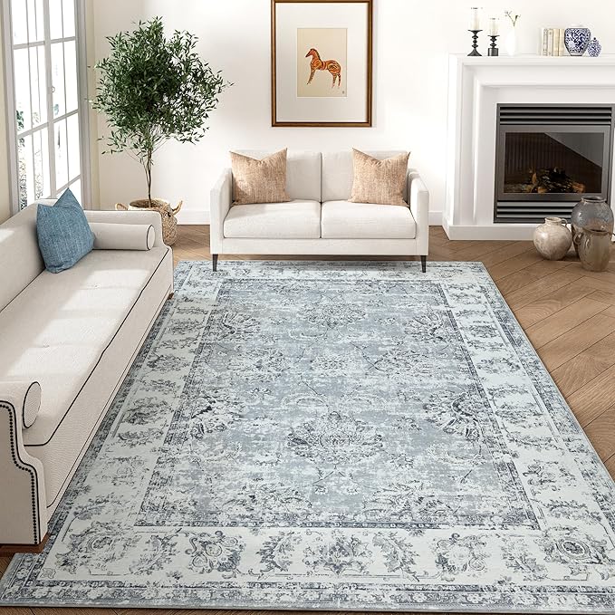 jinchan Fiora 6x9 Area Rug for Living Room Washable Soft Throw Rug Ultra-Thin Stain Resistant Non-Slip Distressed Vintage Floral Large Carpet for Bedroom Dining Room Home Office Nursery(6x9ft, Grey)