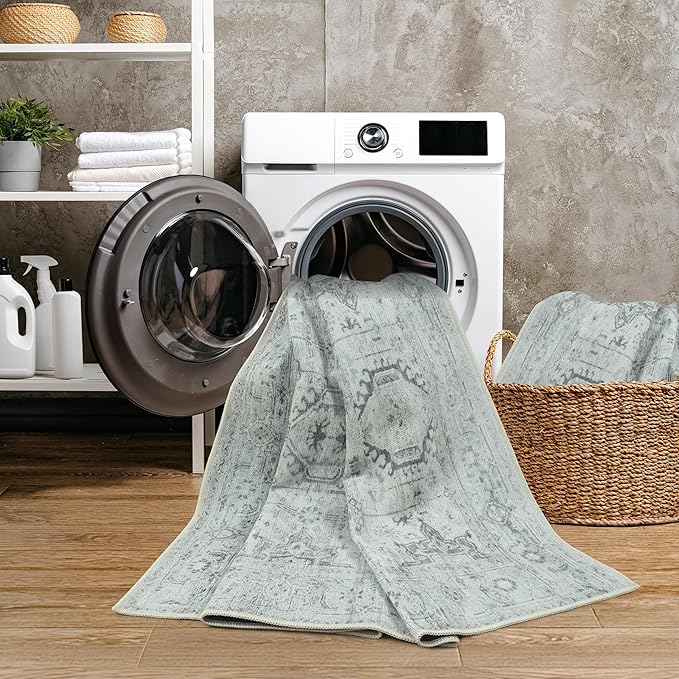 GLN Rugs Traditional Collection - Machine Washable Area Rug, Traditional Washable, Non Slip, Low Pile Chenille Rug, Living Room, Bedroom, Kitchen Rug (4' x 6' Cream/Gray/Sea Salt)