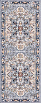 KOZYFLY Runners for Hallways 2x6 Ft Washable Kitchen Runner Rug Boho Runner Rug for Entryway Indoor Printed Oriental Faux Wool Floor Carpet Runner for Bedroom Kitchen Hall, Blue Gray/Cream