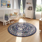 Rugcomf Round Rug 4ft Washable Circle Rug Floral Non Slip Low Pile Small Circular Rug for Bedroom, Bathroom, Entryway, Kids Room, Office(Blue)