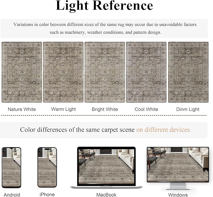 8x10 Washable Area Rug Grey Brown Vintage Rug for Living Room Bedroom Low Pile Soft Non-Slip Boho Rug for Under Table Boho Distressed Retro Carpet for Bedroom Kitchen Office Dining