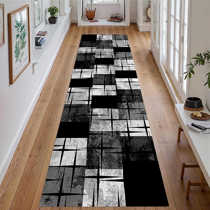 Distressed Checkered Runner Rugs, 2x6ft, Washable Runner Rug with Rubber Backing, Soft Vintage Geometric Black Grey Floor Carpet for Front Door Home Office