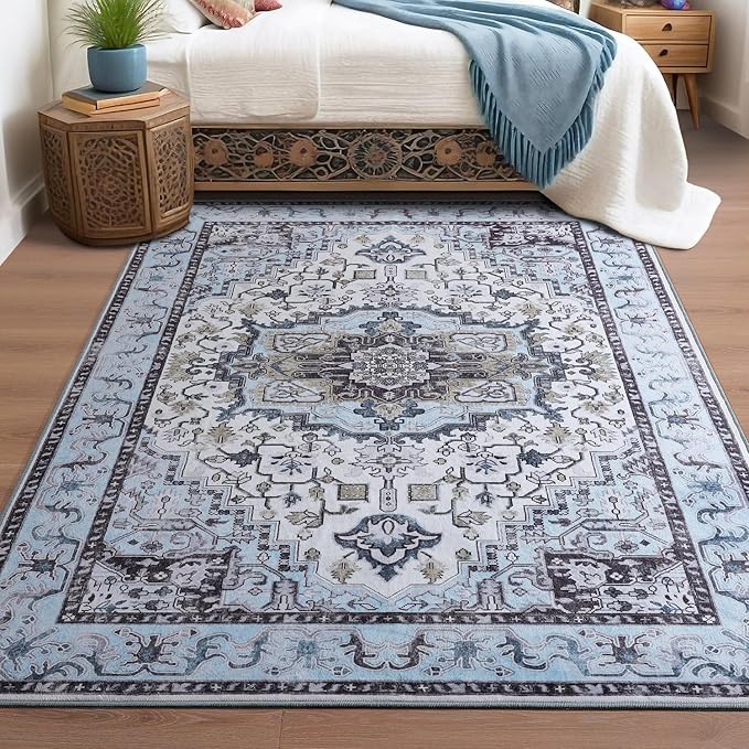 Runner Rug 2×6, Machine Washable Non-Slip Vintage Area Rug, Low Pile, Indoor Carpet Printed Floral Rugs for Living Room, Entryway, Kitchen, Bedroom,Blue