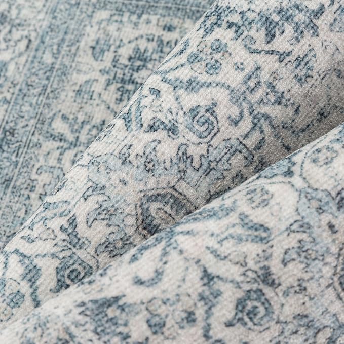 Vintage Area Rug 5x7 Blue Washable Living Room Large Carpet Non Slip Bedroom Indoor Office Low Pile Traditional Distressed Retro Accent Rug for Dining Room Bathroom Kitchen