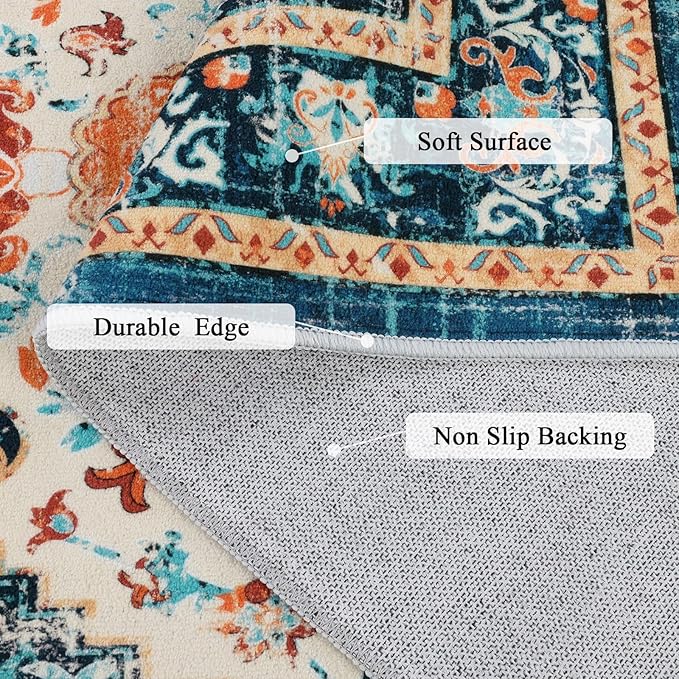 U'Artlines Boho Vintage Area Rug 5x7 Machine Washable Low Pile Soft Floor Carpet Non Slip Non Shedding Accent Rug for Living Room Bedroom Entryway Dining Room Office Orange/Multi