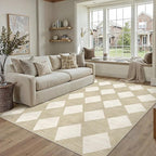5x7 Checkered Area Rugs for Living Room Beige Machine Washable Large Rug Non-Slip Stain Resistant Low Pile Boho Accent Indoor Throw Carpet for Office Bedroom Dining Room Classroom