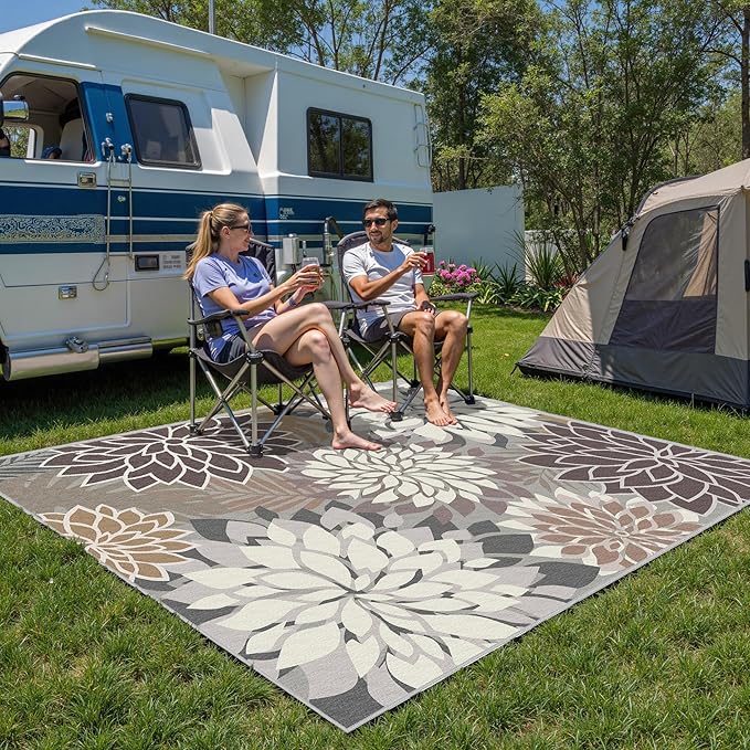Colorful 5x8 Outdoor Area Rug Washable Multicolored Patio Rug Tropical Botanical Floral Chenille Waterproof Outdoor Carpet for Living Room, Deck, Backyard, Porch, Taupe