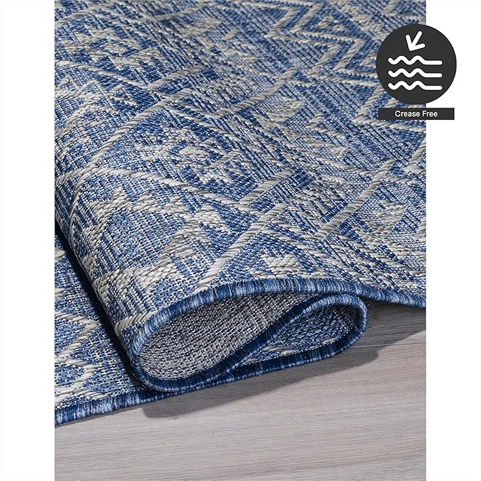 FH Home Flat Woven Outdoor Rug - Waterproof, Easy to Clean, Stain Resistant - Premium Polypropylene Yarn - Boho Moroccan - Large Patio, Deck, Sunroom - Dakar - Blue - 7ft 10in x 10ft 9in