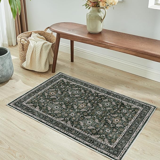 WITSHOCK Washable 2x3 Entryway Area Rug: Soft Non-Slip Backing Washable Rugs Vintage Flower Boho Accent Small Rugs for Bedroom, Kitchen, Bathroom, Nursery Entrance,Dark Green