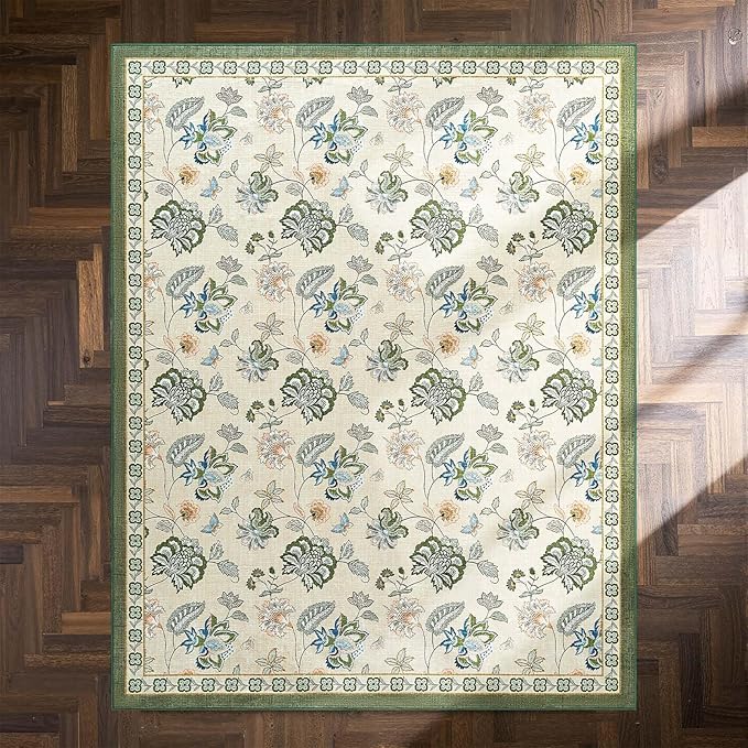 jinchan Elora 8x10 Floral Rug for Living Room Washable Bedroom Rug Vintage Romance Design Non Slip Thin Indoor Floor Cover Large Low-Profile Throw Carpet for Dining Room Office, Green/Beige