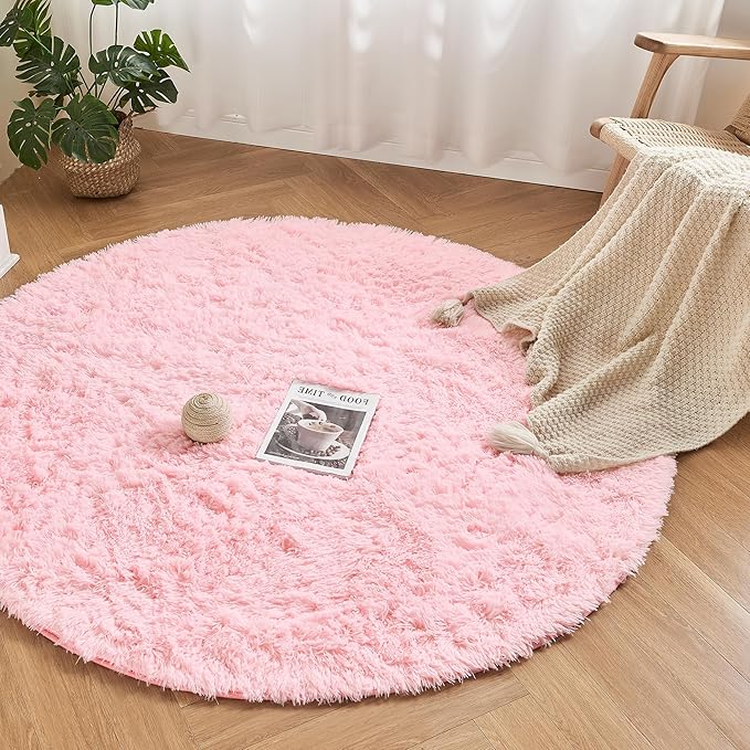 Andency Pink Round Area Rug for Bedroom, Shag Fuzzy Plush Circle Rug 7'X7' for Room, Cute Fluffy Circular Carpet for Dorm Playroom