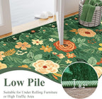 DUKINO Floral Round Rug, 6ft Washable Circle Rug, Non Slip Indoor Low Pile Circle Rug, Soft Small Boho Design Carpet for Bedroom, Entryway, Living Room, Dining Room, Dark Green