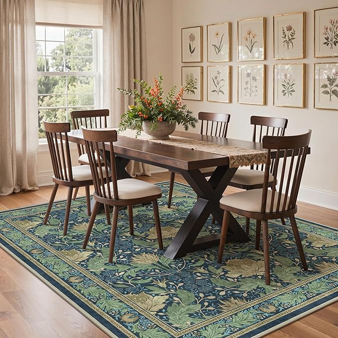 Bavni 8x10 Area Rugs, Floral Machine Washable Rugs for Living Room, Dinning Room, Bedroom, Non Slip Aesthetic Vintage Low Pile Durable Lightweight Farmhouse Rug, Tea Green/Blue