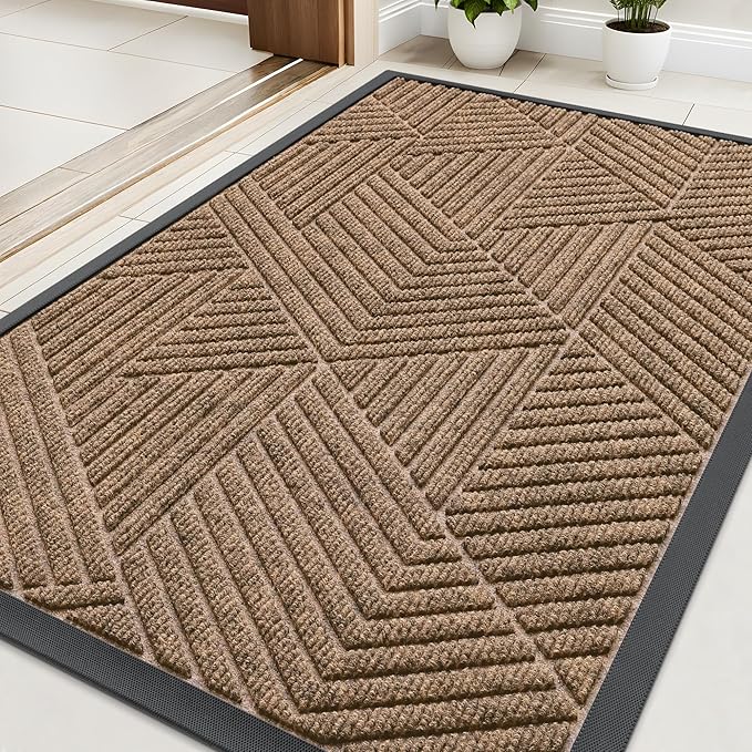 Kitinjoy Front Door Mat Outside Entrance, Sturdy Natural Dirt Trapper, Heavy Duty Rubber Doormat, Low Profile Non-Slip Backing, Easy Clean Floor Mat for Indoor Outdoor Entry, 35X23 Inch, Coffee