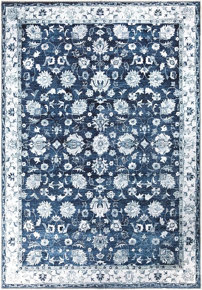 Bloom Rugs Washable Non-Slip 5' x 7' Rug - Dark Blue Traditional Bordered Area Rug for Living Room, Bedroom, Dining Room, and Kitchen - Exact Size: 5' x 7'