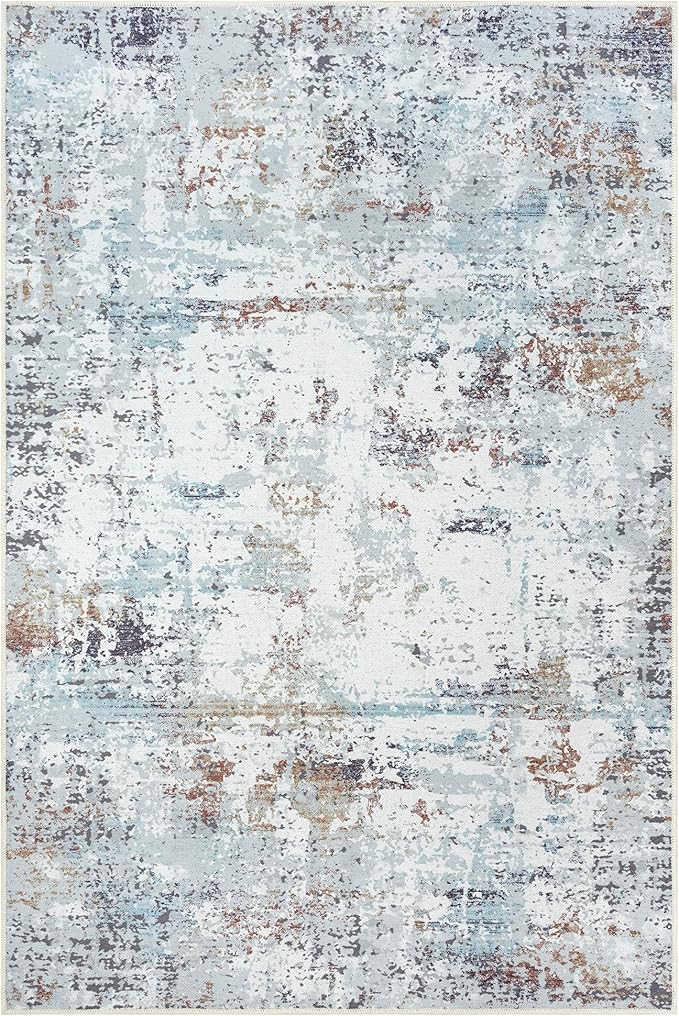 GLN Rugs Contemporary Collection - Machine Washable Area Rug, Contemporary Washable, Non Slip, Low Pile Chenille Rug, Living Room, Bedroom, Kitchen Rug (6' x 9' White/Grey/Blue/Brown)