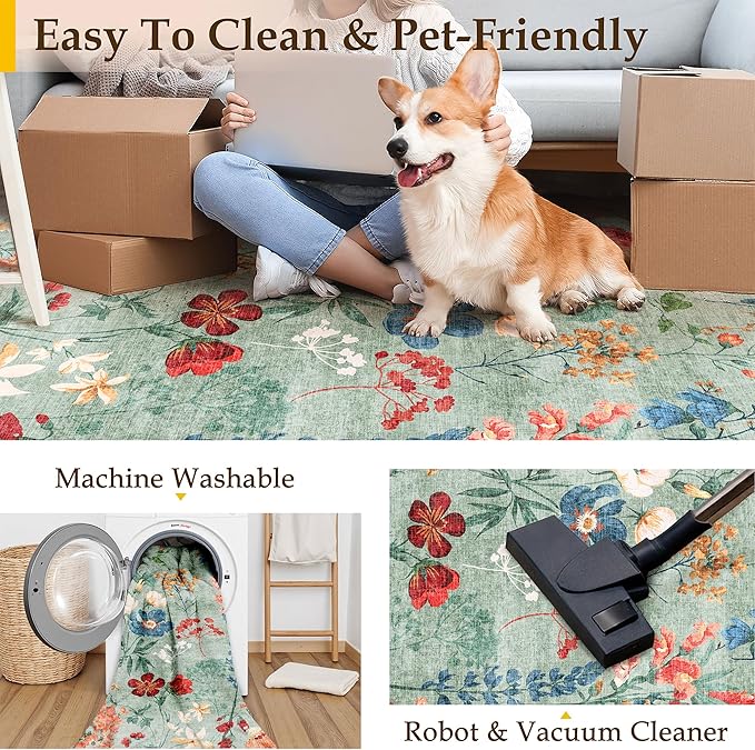 Floral Runner Rug 2x5 Washable Hallway Long Green Bedroom Carpet Non Slip Indoor Boho Kitchen Low Pile Accent Rug Lightweight Soft for Bathroom Dining Laundry Living Room