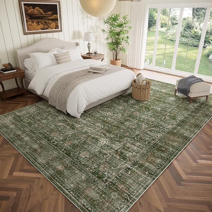 Washable 9x12 Area Rugs for Living Room, Boho Non-Slip Vintage Distress Lager Rugs for Bedroom Dining Room Nursery Office, 0.3" Neutral Oriental Throw Thin Carpet, Grass Green/Multi