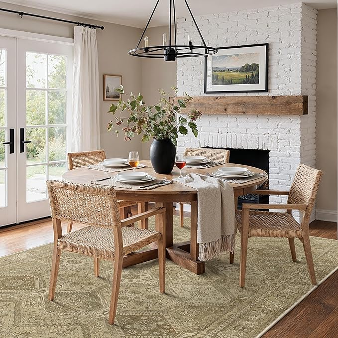 Bavni 6x9 Area Rugs for Living Room, Machine Washable Rug Non Slip, Vintage Chenille Distressed Print Carpet, Large Low Pile Ultra-Thin Lightweight Rugs for Bedroom, Dining Room, Office, Nut Brown