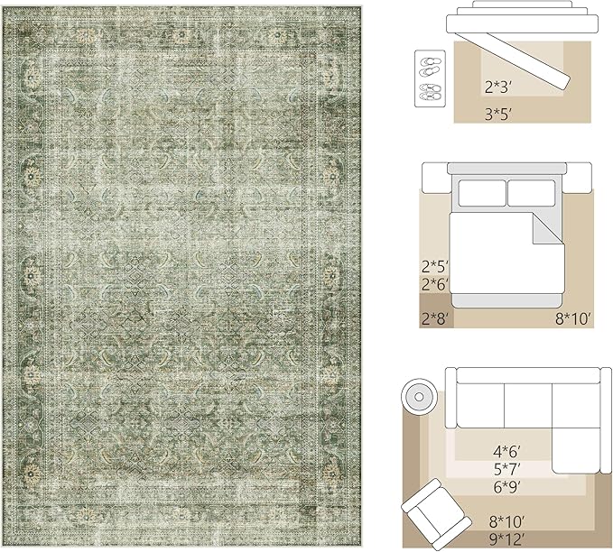FMFUNCTEX 4x6 Washable Area Rug Green Neutral Vintage Distressed Non Slip Low Pile Traditional Entryway Indoor Carpet for Living Room Bedroom Soft Retro Mat Throw Rug for Dining Office Entrance