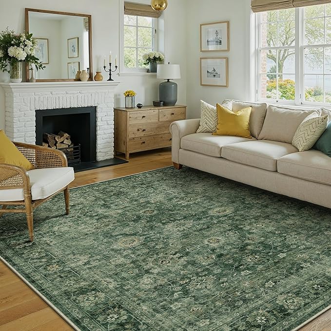 8x10 Washable Area Rug for Living Room Bedroom Green Vintage Distressed Rustic Large Carpet Non-Slip Low Pile Lightweight Vacuumable Soft Throw Rug for Indoor Dining Room