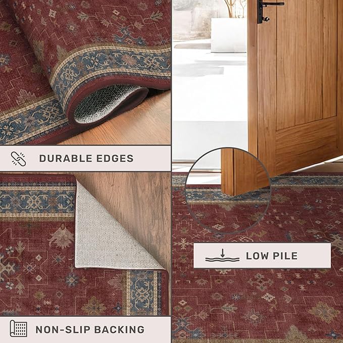 Moroccan Big Rugs for Living Room - Dark Red 10x14 Area Rug for Large Bedroom, Dining Room, Washable Lightweight Low Pile Foldable Oriental Burgendy Home Décor