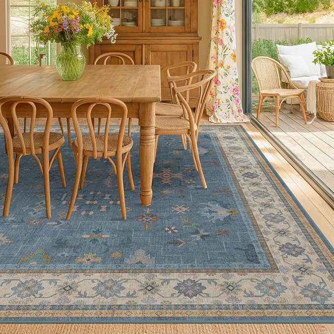 Boho 8x10 Large Area Rugs for Living Room - Eclectic Dusky Blue Rug for Bedroom Under Bed, Dining Room Under Kitchen Table, Washable Soft Non Slip Unique Colorful Indoor Décor