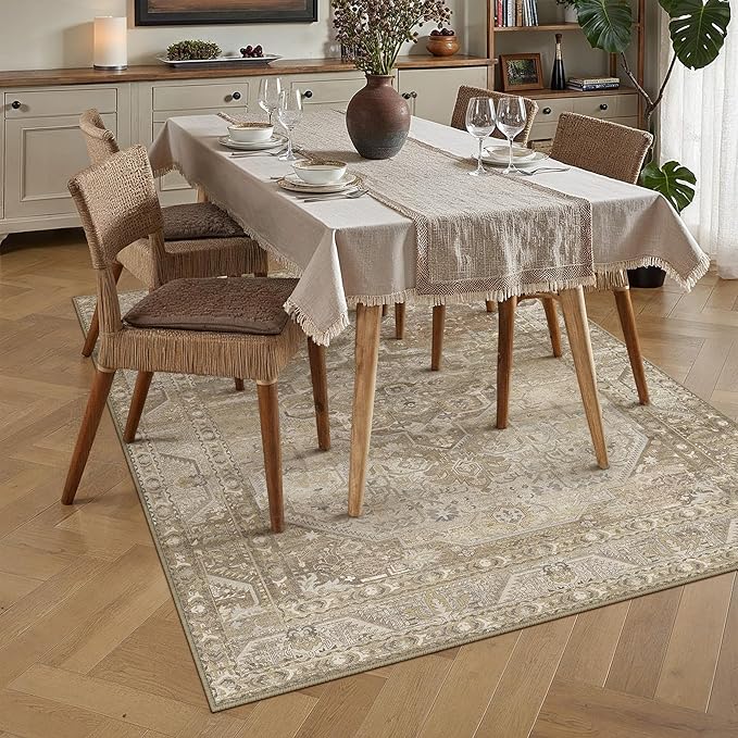 4x6 Washable Vintage Area Rug for Living Room Bedroom Non Slip Distressed Traditional Soft Throw Rug Beige Brown Low Pile Lightweight Floral Carpet Laundry Dining Room Kitchen Office Beside Bed